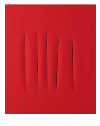 Lehden kannesssa on Lucio Fontanan punainen maalaus, jonka pintaan taiteilija on lävistänyt viiltoja