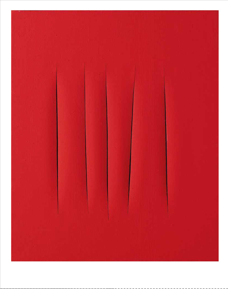Lehden kannesssa on Lucio Fontanan punainen maalaus, jonka pintaan taiteilija on lävistänyt viiltoja
