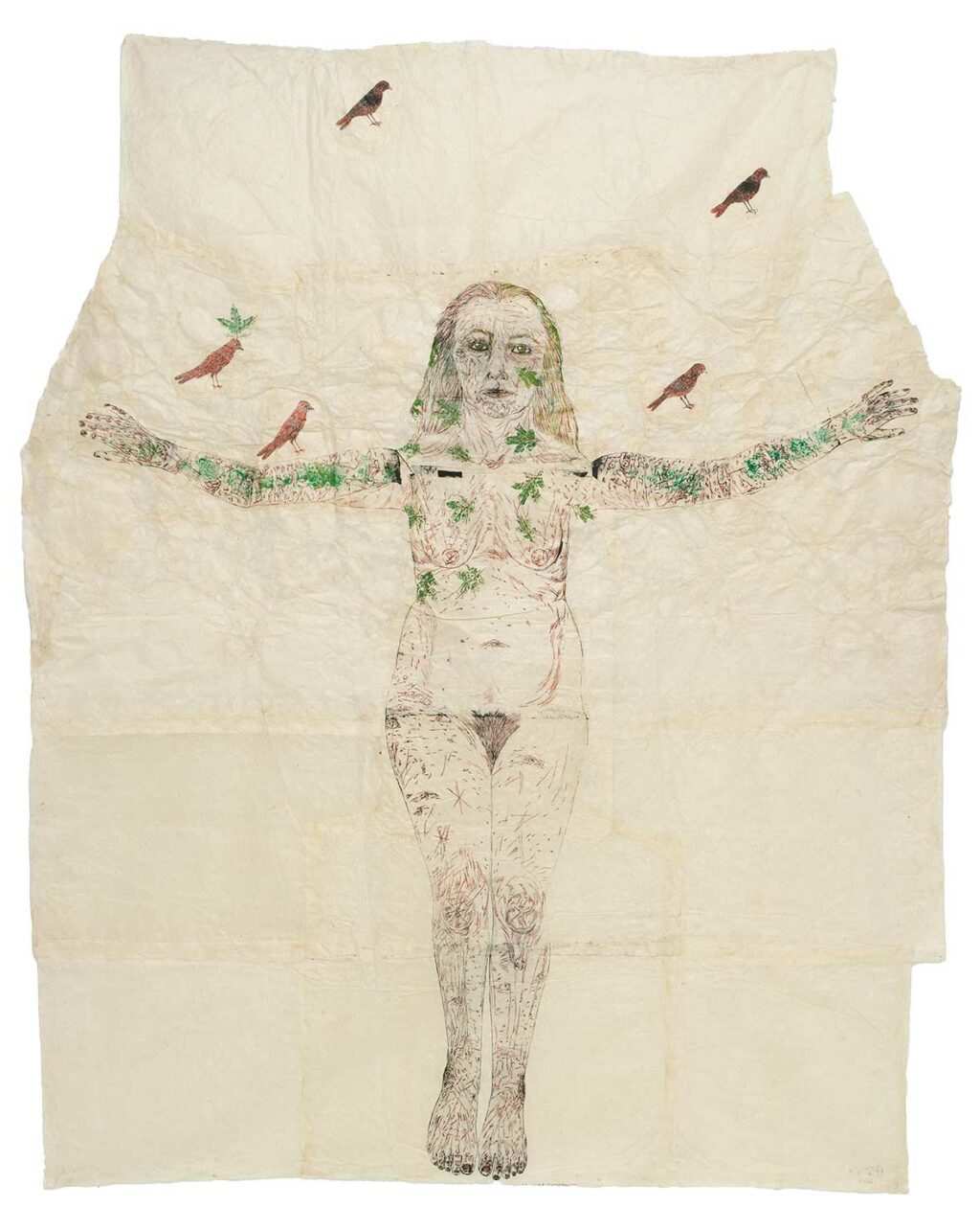 An ink drawing made on several sheets of cobweb paper, superimposed on each other. The subject is a naked woman's body, with skin resembling the bark of a tree and green leaves growing on it. Above the woman are five red birds.