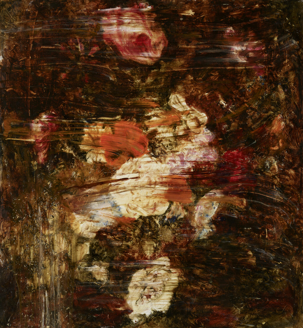 A color composition painted with oil colors in red-brown, orange, red and white tones in thick layers of paint and drawn with a large brush. The whole gives the impression of flowers against a dark background.