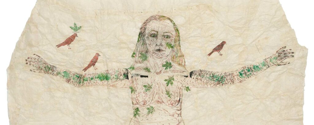 An ink drawing made on several sheets of cobweb paper, superimposed on each other. The subject is a naked woman's body, with skin resembling the bark of a tree and green leaves growing on it. Above the woman are five red birds.