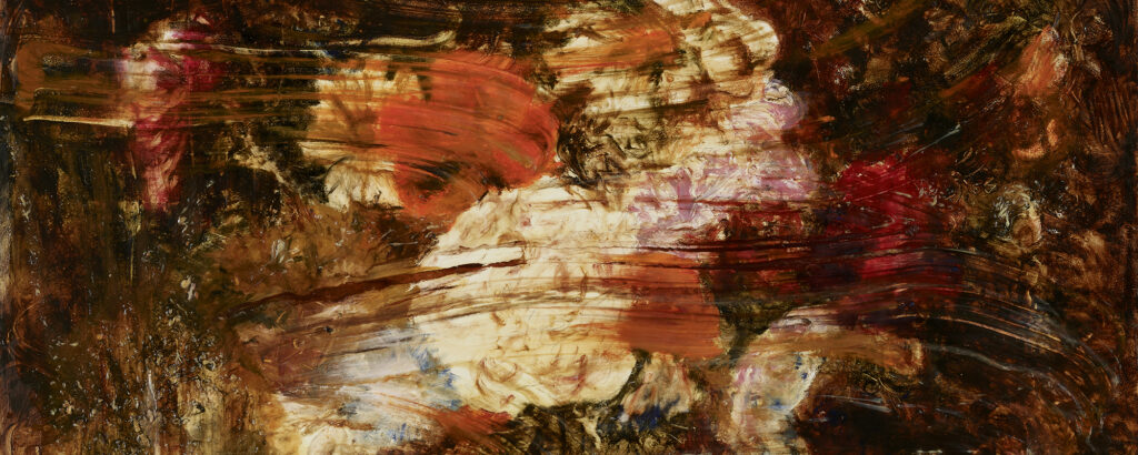 A close-up of an oil painting with shades of maroon, orange, red and white in thick layers of paint and applied with a large brush. The whole gives the impression of flowers against a dark background.