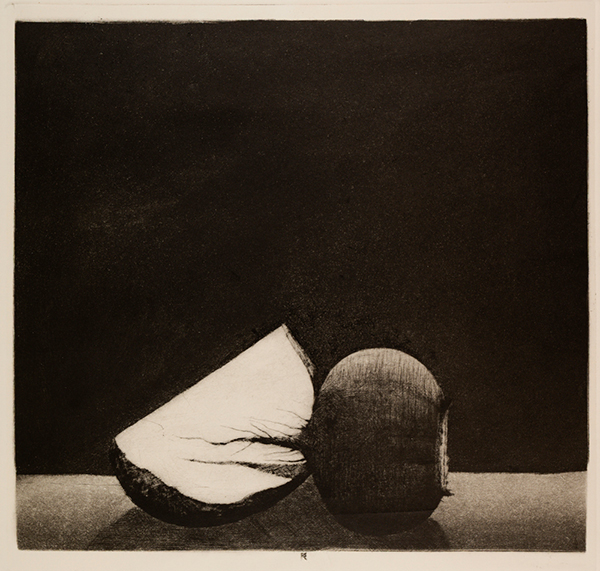 Mustavalkoinen grafiikanvedos dramaattisesti valaistusta lantunpalasta, jonka halkaistua pintaa vasten piirtyy punajuuren juuri varjoineen.