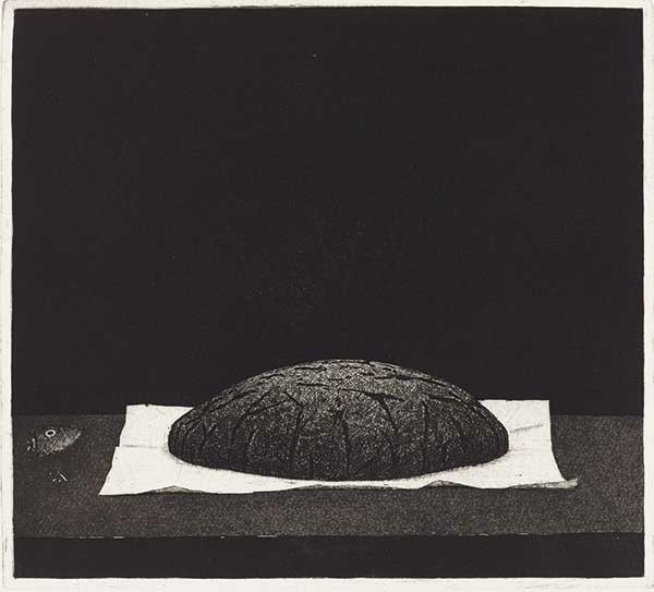 Mustavalkoinen grafiikanvedos dramaattisesti valaistusta ruisleivästä.