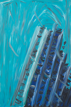 Sinisen sävyillä ja leveillä siveltimen vedoilla maalattu korkea rakennus, joka näyttää kallistuvan oikealle ja jonka edustalla vaaleat siveltimenvedot luovat vaikutelman voimakkaasta tuulesta.