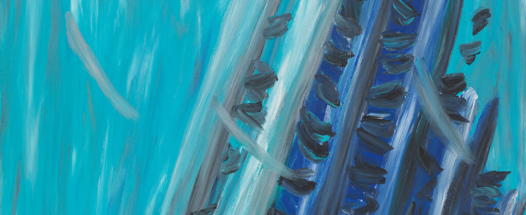 A detail from an almost non-representational painting rendered in shades of blue.